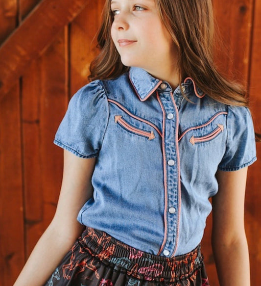 GIRLS & TODDLER MID WASH DENIM PUFF SHORT SLEEVE WESTERN PINK ARROW PEARL SNAP SHIRTS