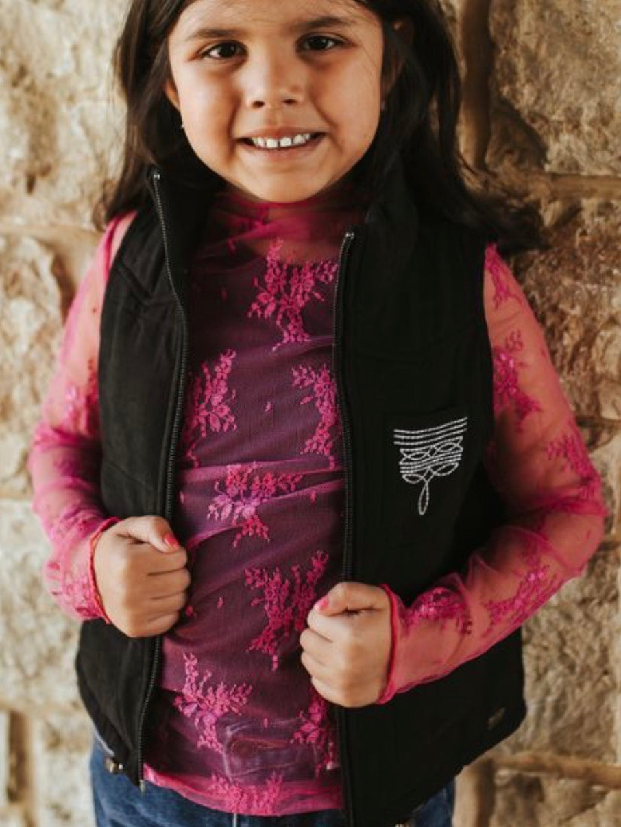 GIRLS BLACK PUFFER W BOOT STITCH DETAIL VEST