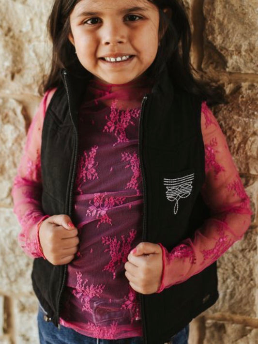 GIRLS BLACK PUFFER W BOOT STITCH DETAIL VEST