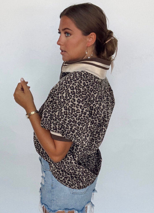 Khaki Leopard Print Half Zip Trim Short Sleeve Top