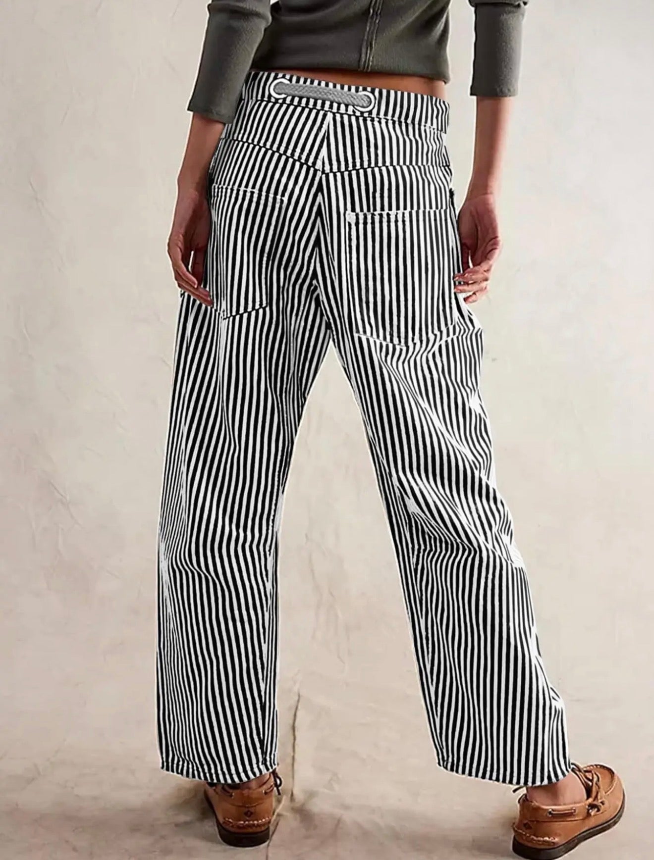 Fashion Mid-Rise Casual Striped Drawstring Wide-Leg Pants