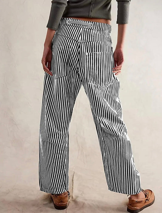 Fashion Mid-Rise Casual Striped Drawstring Wide-Leg Pants