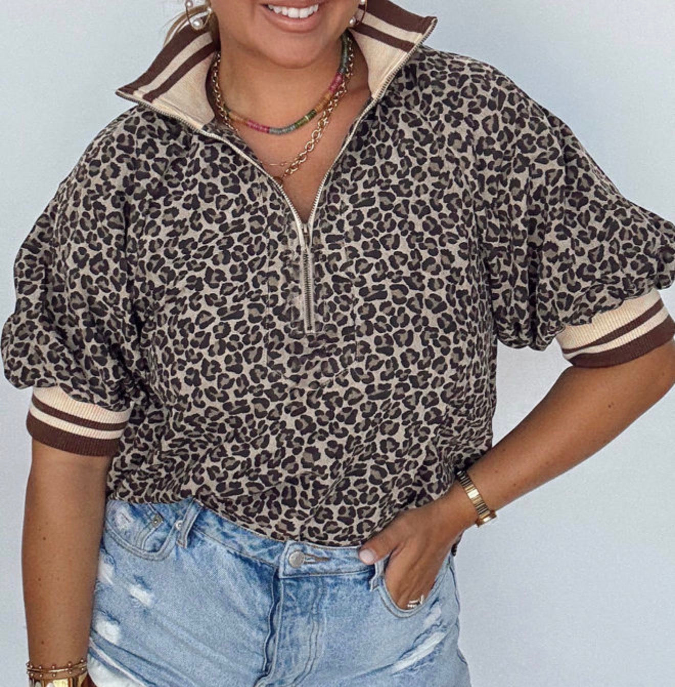 Khaki Leopard Print Half Zip Trim Short Sleeve Top
