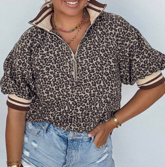 Khaki Leopard Print Half Zip Trim Short Sleeve Top