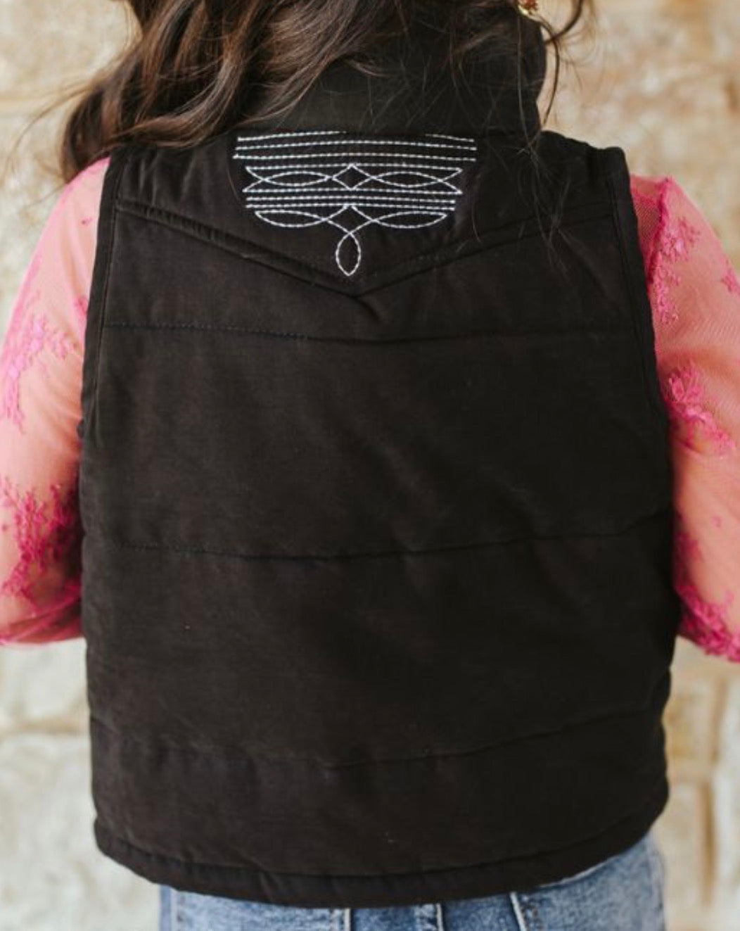 GIRLS BLACK PUFFER W BOOT STITCH DETAIL VEST