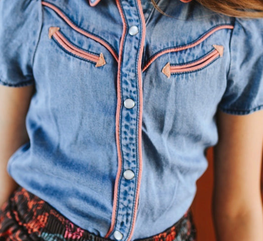 GIRLS & TODDLER MID WASH DENIM PUFF SHORT SLEEVE WESTERN PINK ARROW PEARL SNAP SHIRTS