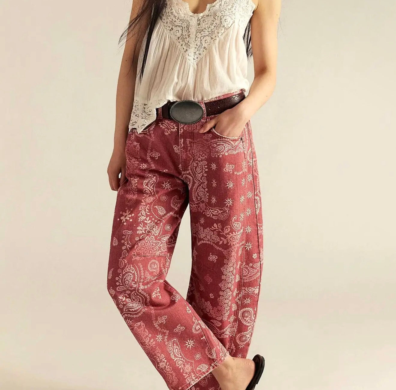 Denim Western Vintage Paisley Print Barrel Jeans
