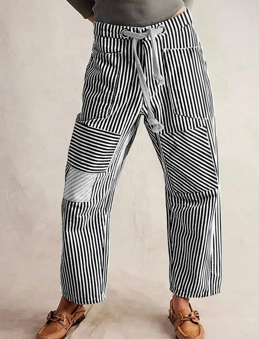 Fashion Mid-Rise Casual Striped Drawstring Wide-Leg Pants