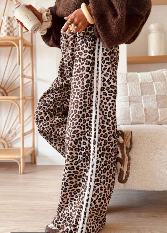 Beige Leopard Print Side Striped Detail CasualWide Leg Pants