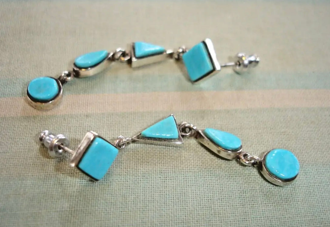 AUTHENTIC HANDMADE Sterling Silver Marked SC Silver Cloud Turquoise Dangle Pierced EARRINGS