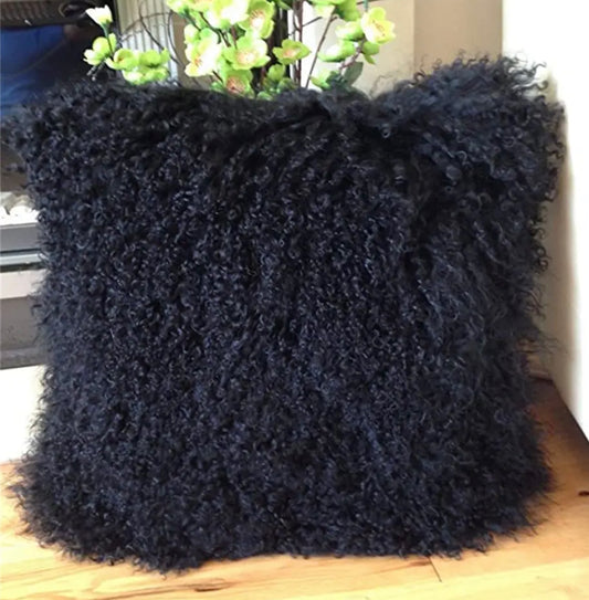 100% Black Real Mongolian Lamb Wool Pillow Cover w/ Filler