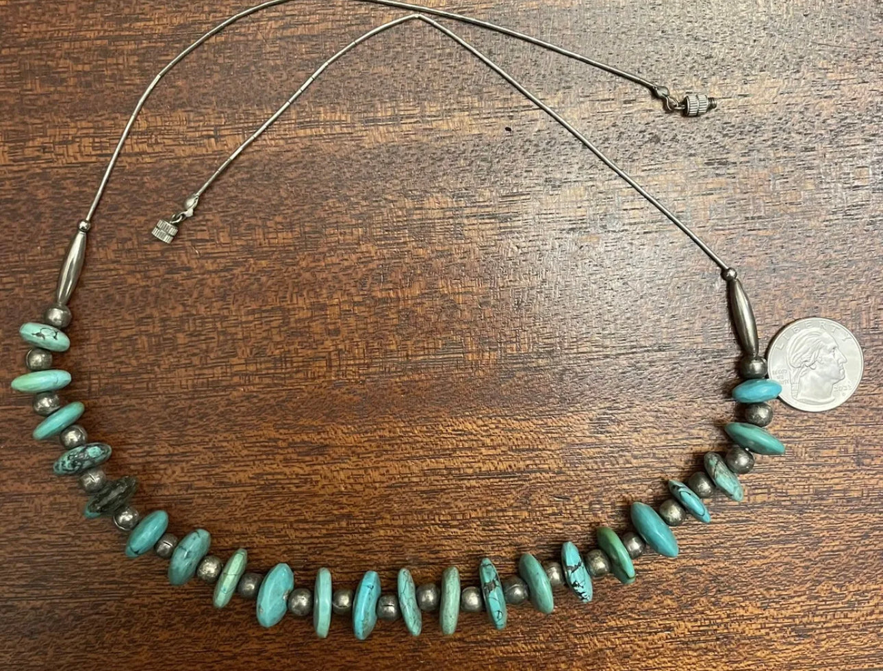 AUTHENTIC HANDMADE  Sterling Silver Turquoise Disc Necklace Vintage Navajo