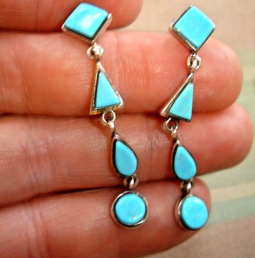 AUTHENTIC HANDMADE Sterling Silver Marked SC Silver Cloud Turquoise Dangle Pierced EARRINGS