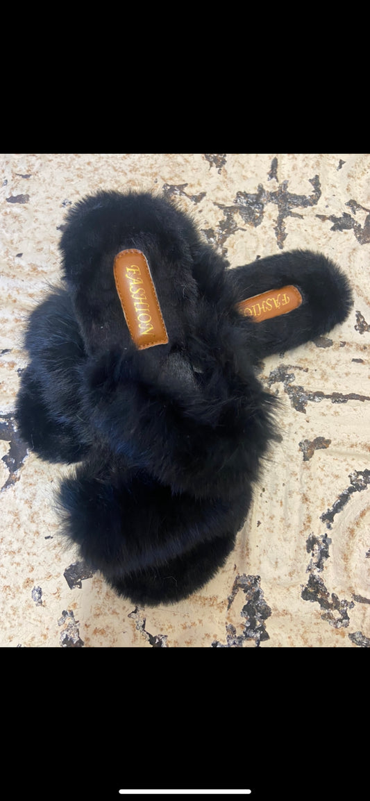 Black Double Strap Rabbit fur Slippers