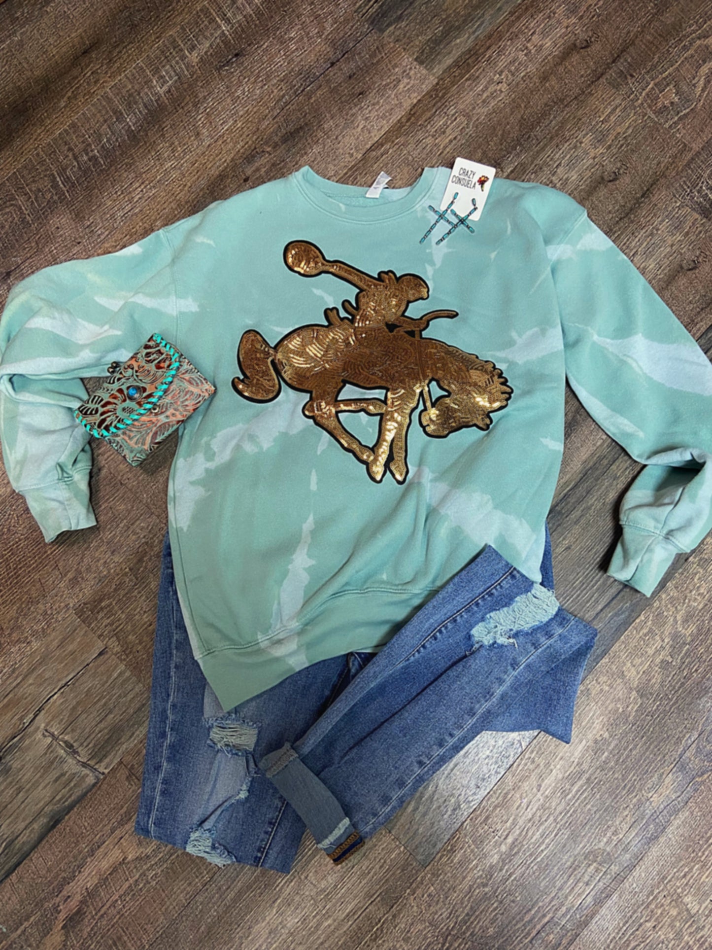 Sequin bronc sweatshirt soft, mint green or black