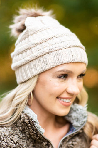 Apricot Beanie with Pompom PonyTail Opening