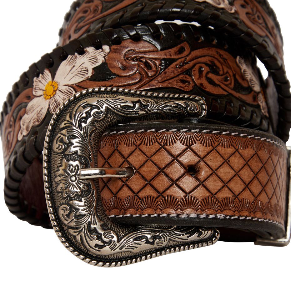 Myra Tooled leather checkered brown belt