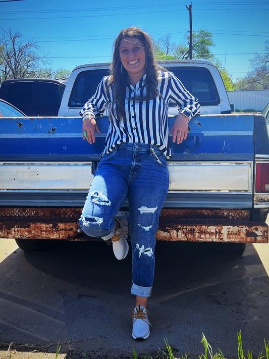 Navy blue button down stripe blouse