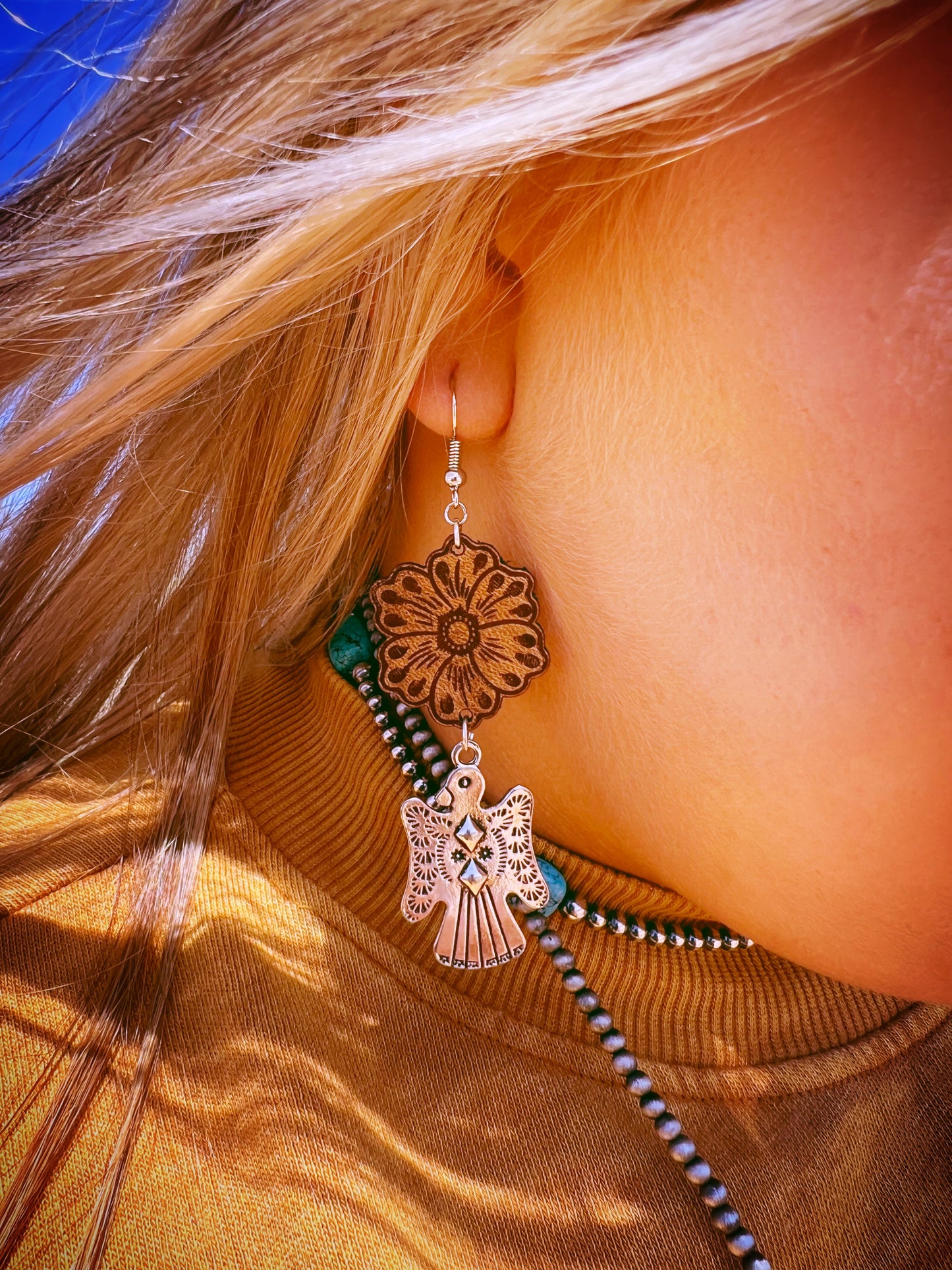 Wooden sunflower thunder bird earrings