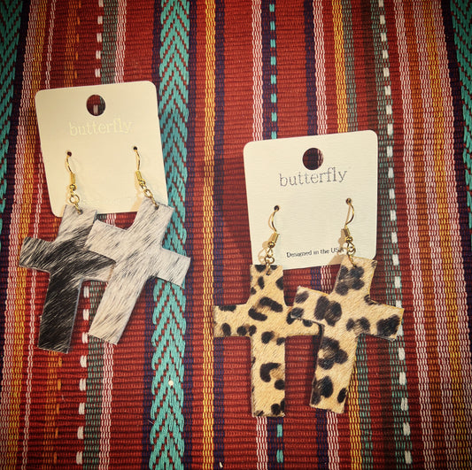 Cross cowhide earring