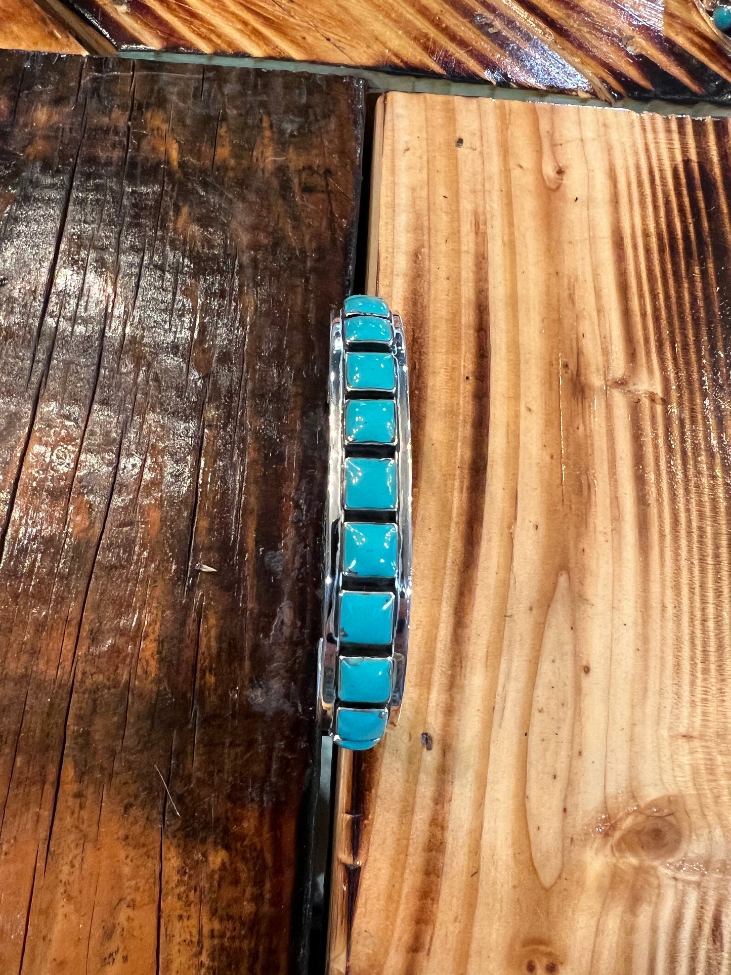 Turquoises Square Inlaid Sterling Silver Cuff Bracelet