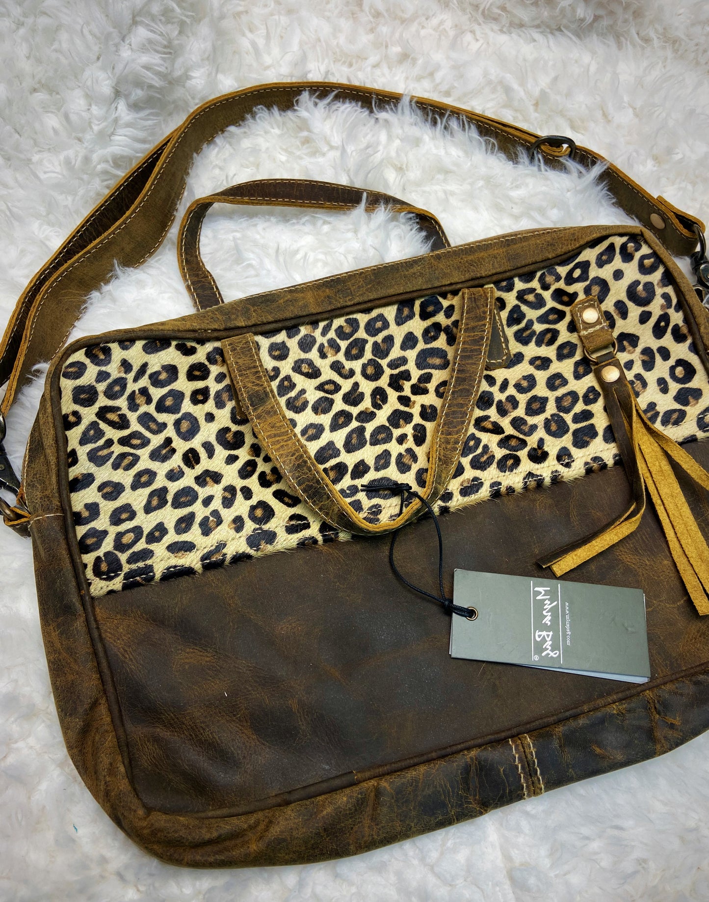 Myra Leopard hide leather computer bag