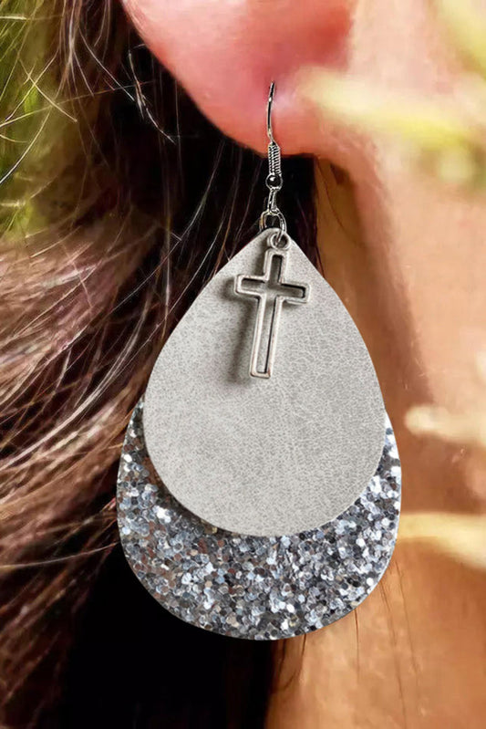 Silver sequin cross drop earrings