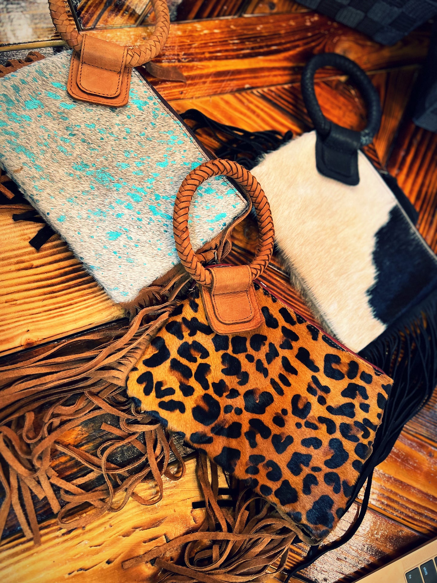 Wristlets cowhide Fringe leopard print, turquoise cowprint