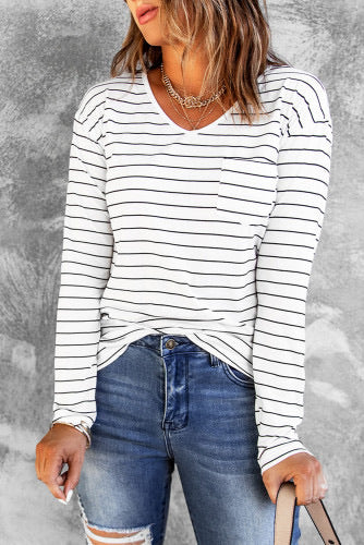 Black and white Striped V neck long sleeve top