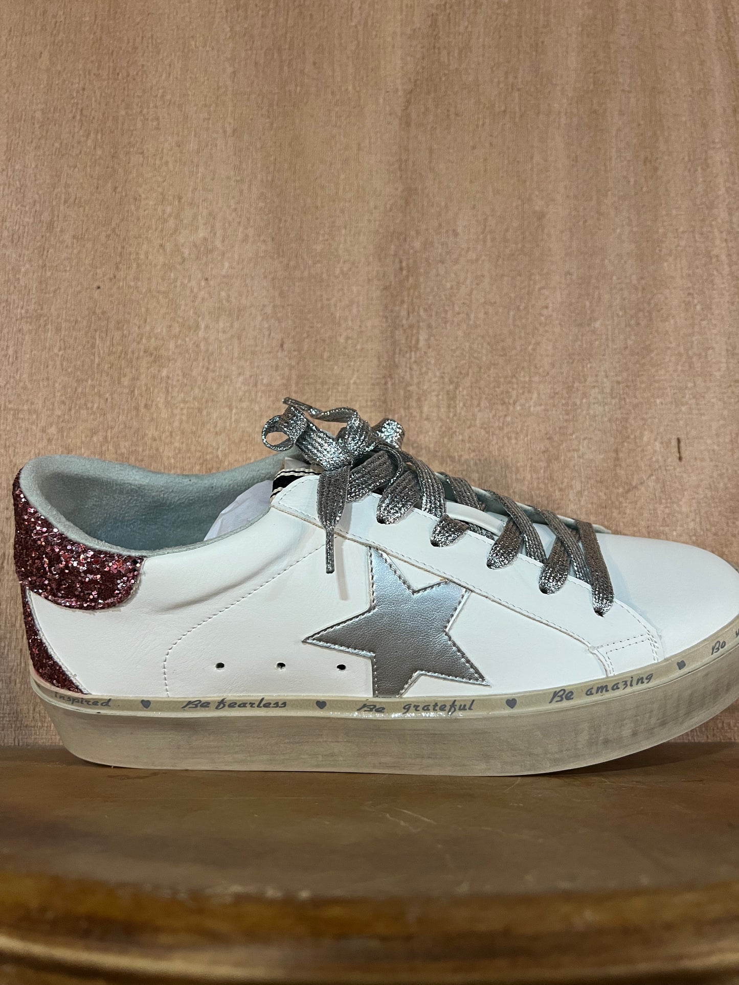 SHUSHOP Pink Reba glitter silver star sneakers