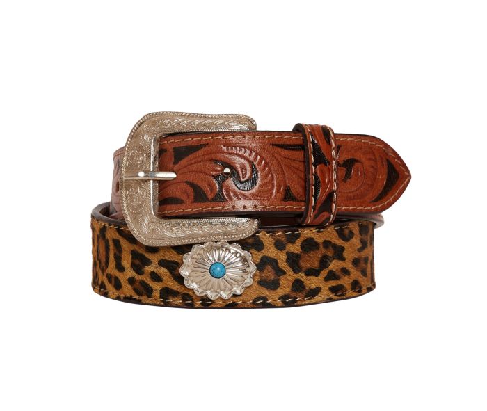 Leopard hand tooled leather turquoise belt