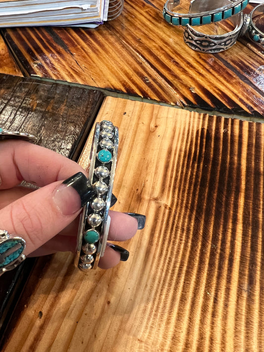 Turquoise Sterling Silver Stacker Turquoise and Bead Cuff Bracelet