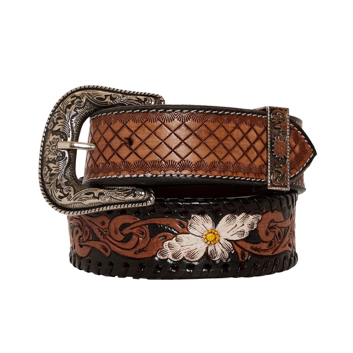 Myra Tooled leather checkered brown belt