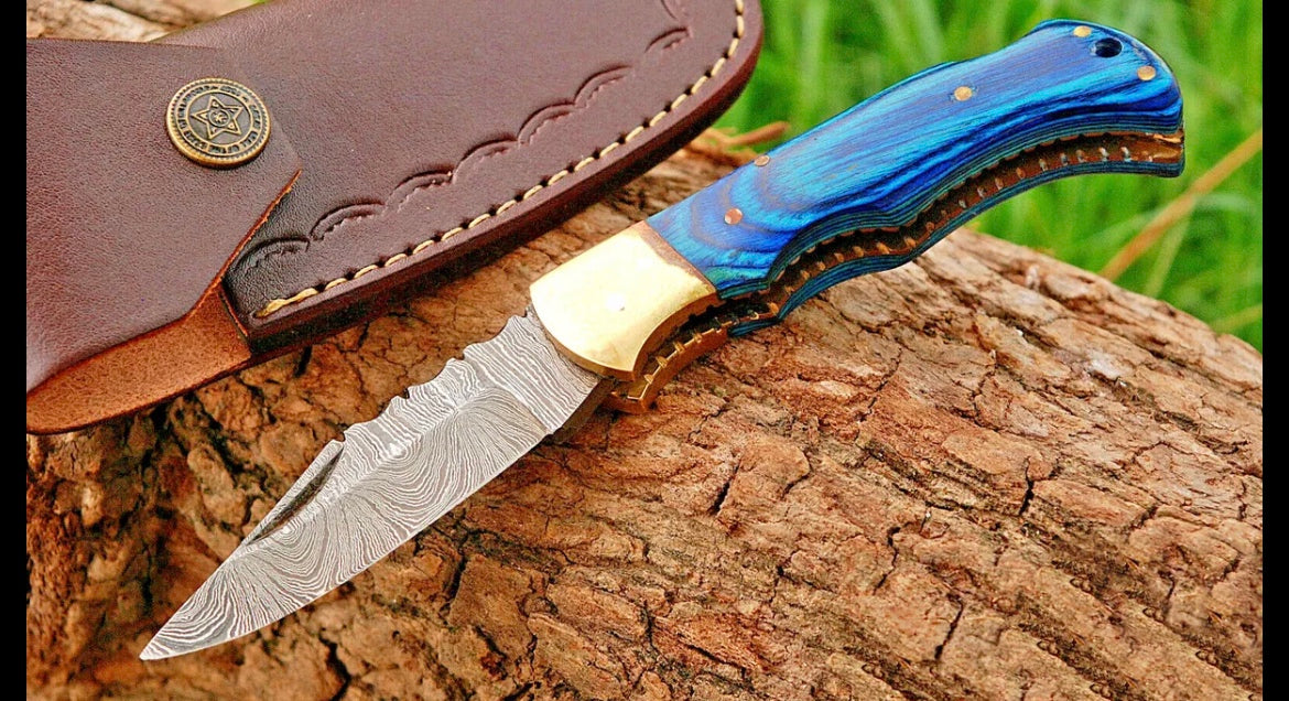 HANDMADE DAMASCUS STEEL FOLDING BLADE POCKET CAMPING KNIFE W