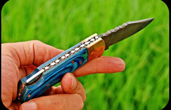 HANDMADE DAMASCUS STEEL FOLDING BLADE POCKET CAMPING KNIFE W