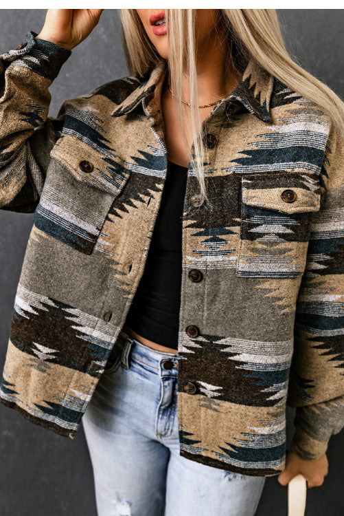 Blue Distressed Aztec Print Lapel Long Sleeve Button Shacket