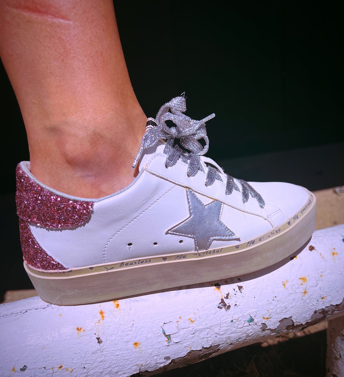 SHUSHOP Pink Reba glitter silver star sneakers