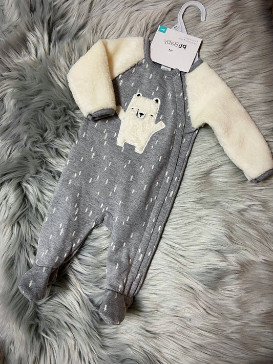 White fuzzy bear baby onesie