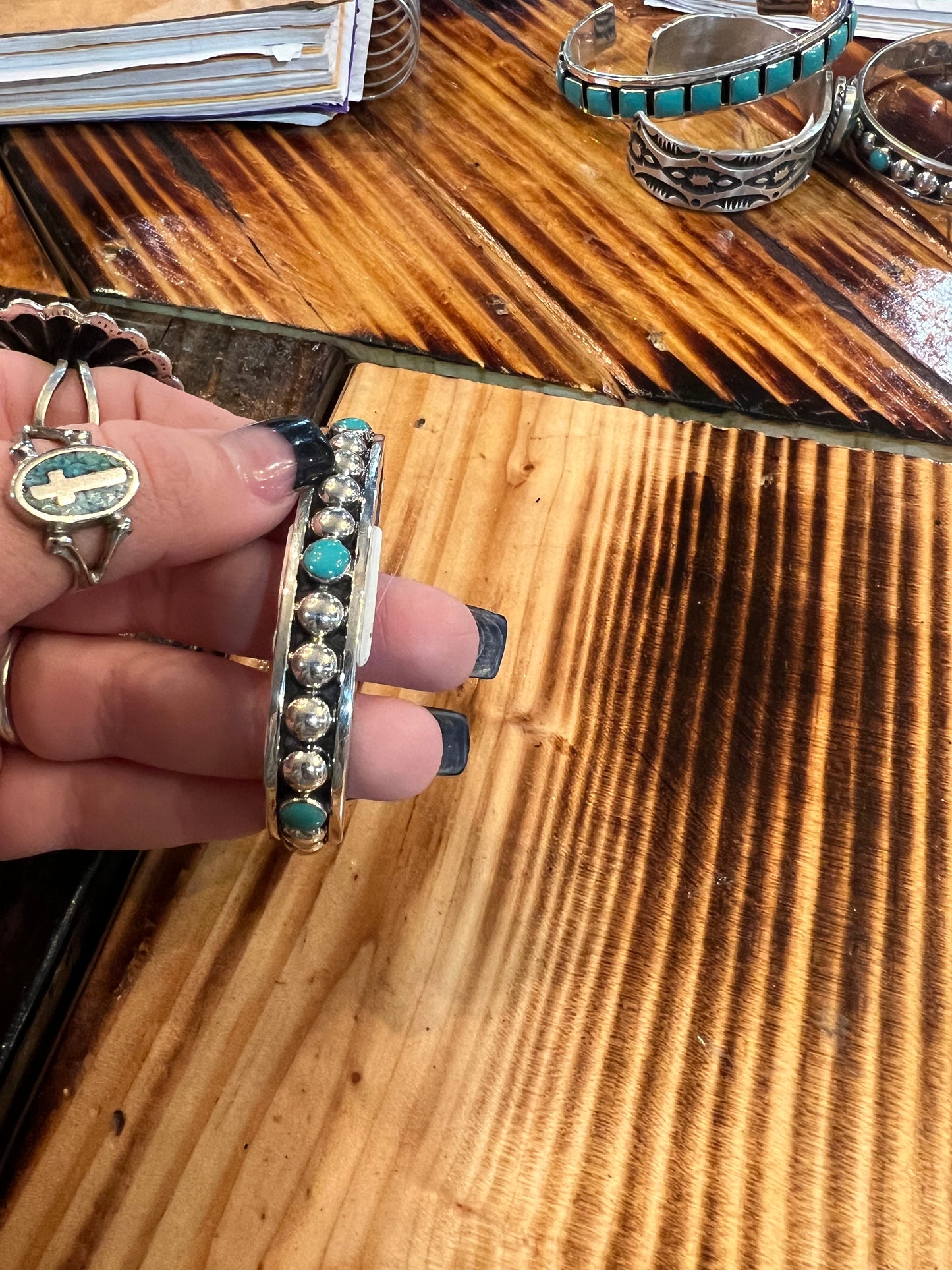 Turquoise Sterling Silver Stacker Turquoise and Bead Cuff Bracelet