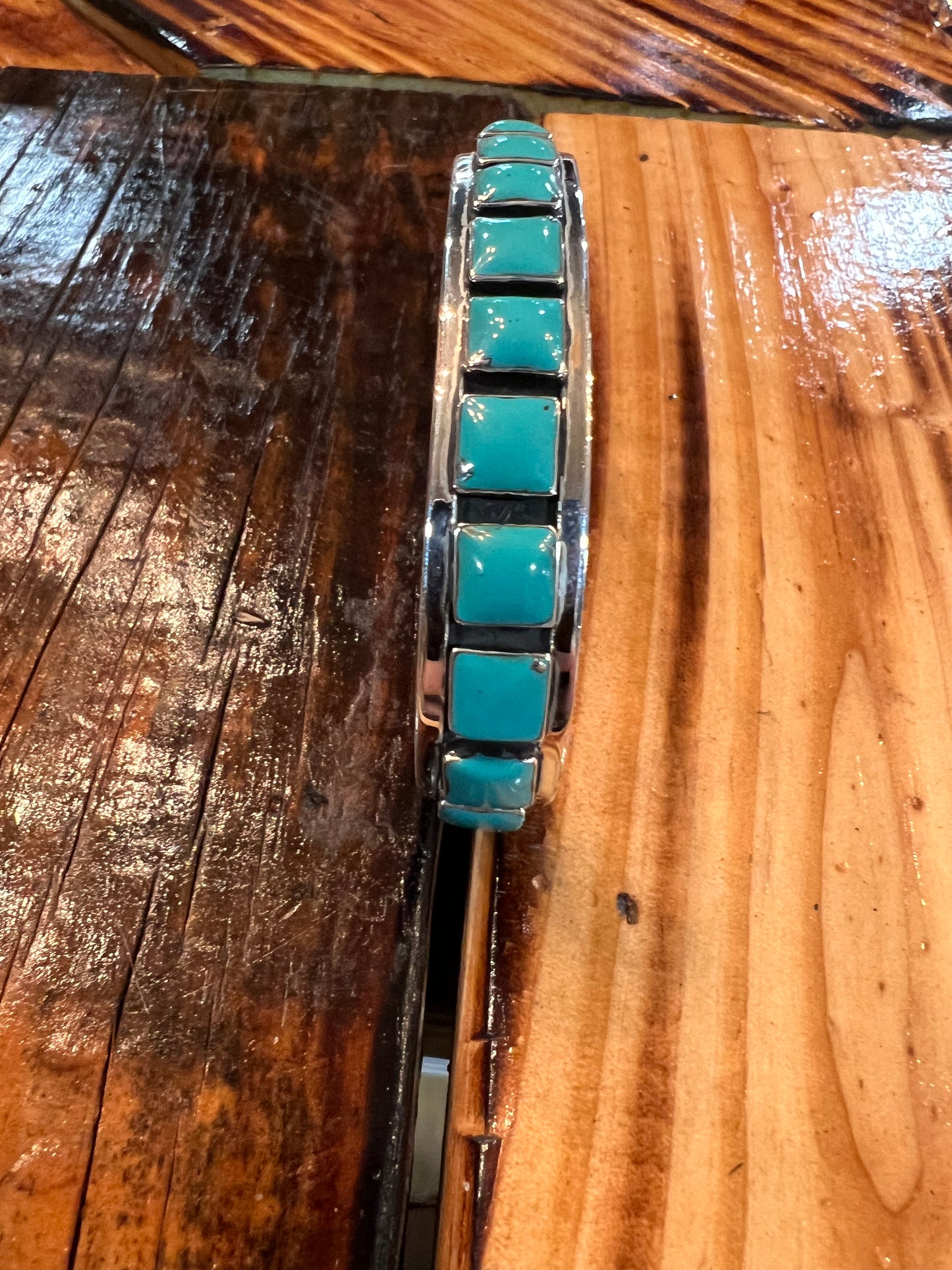 Turquoises Square Inlaid Sterling Silver Cuff Bracelet