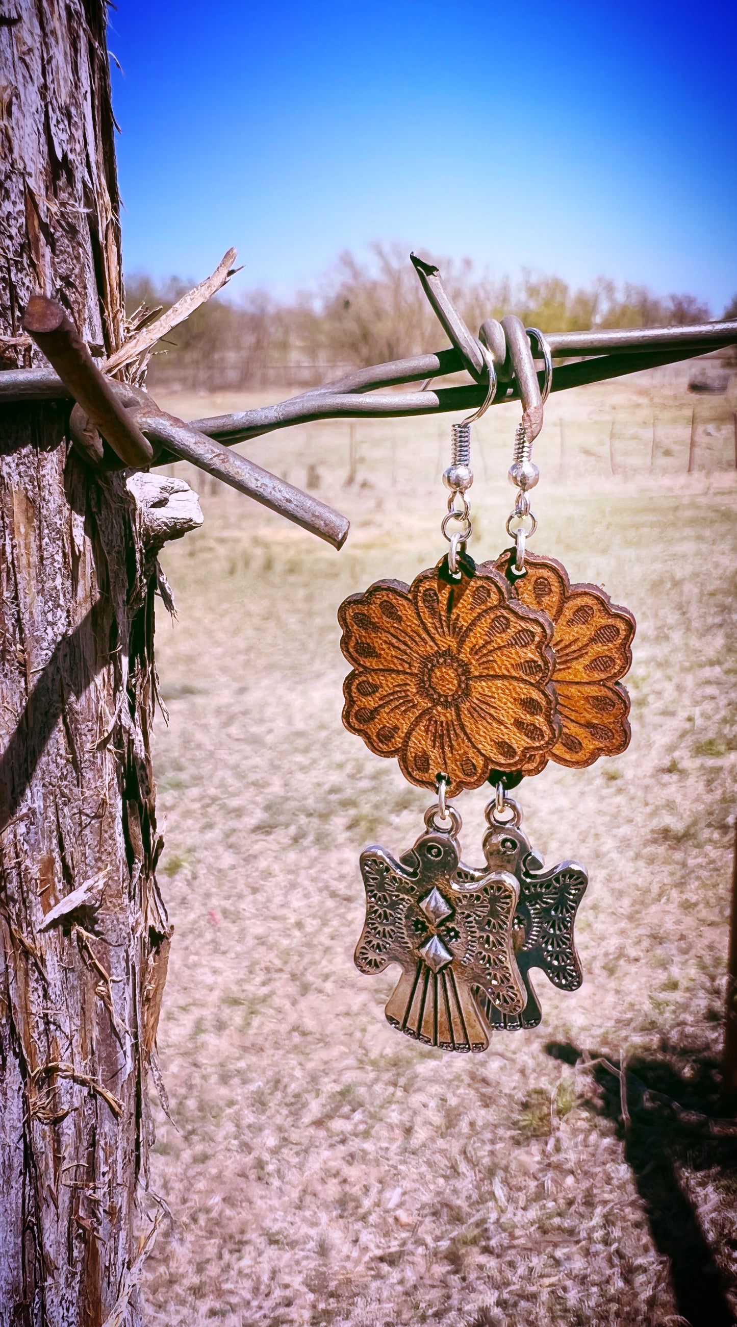 Wooden sunflower thunder bird earrings