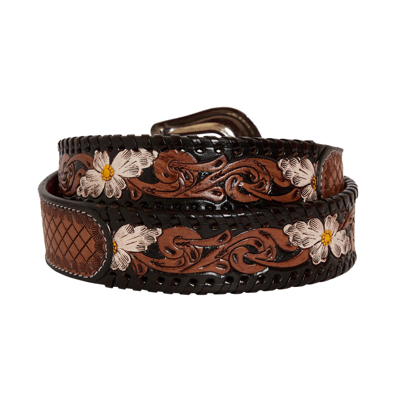 Myra Tooled leather checkered brown belt