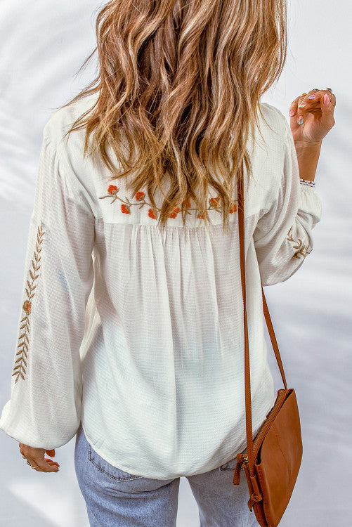 White Floral Embroidered Blouse