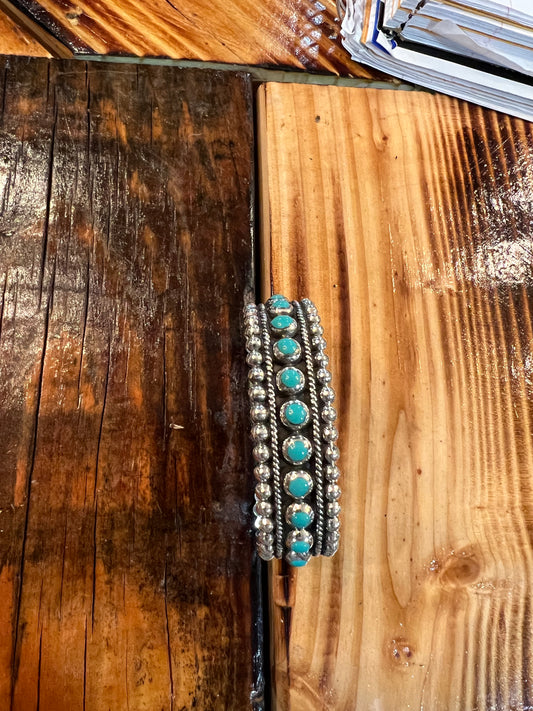 Inlaid turquoise sterling silver beaded cuff bracelet