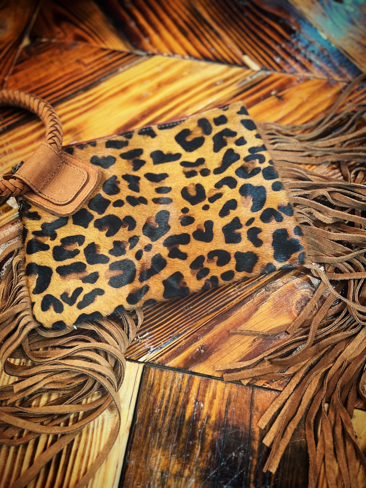 Wristlets cowhide Fringe leopard print, turquoise cowprint