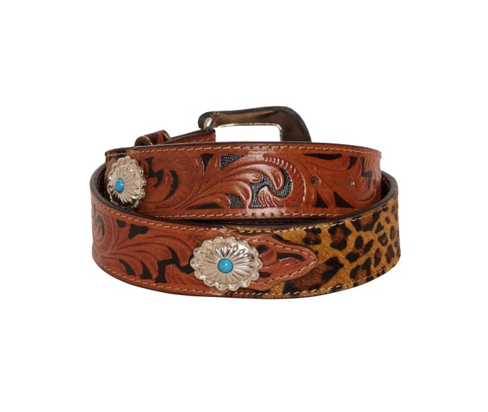 Leopard hand tooled leather turquoise belt