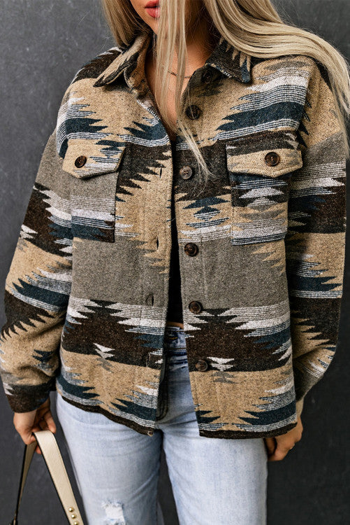 Blue Distressed Aztec Print Lapel Long Sleeve Button Shacket