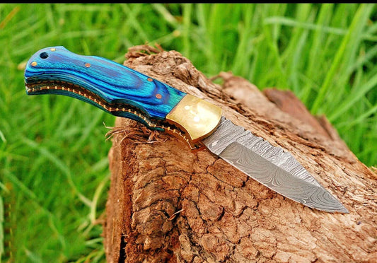 HANDMADE DAMASCUS STEEL FOLDING BLADE POCKET CAMPING KNIFE W