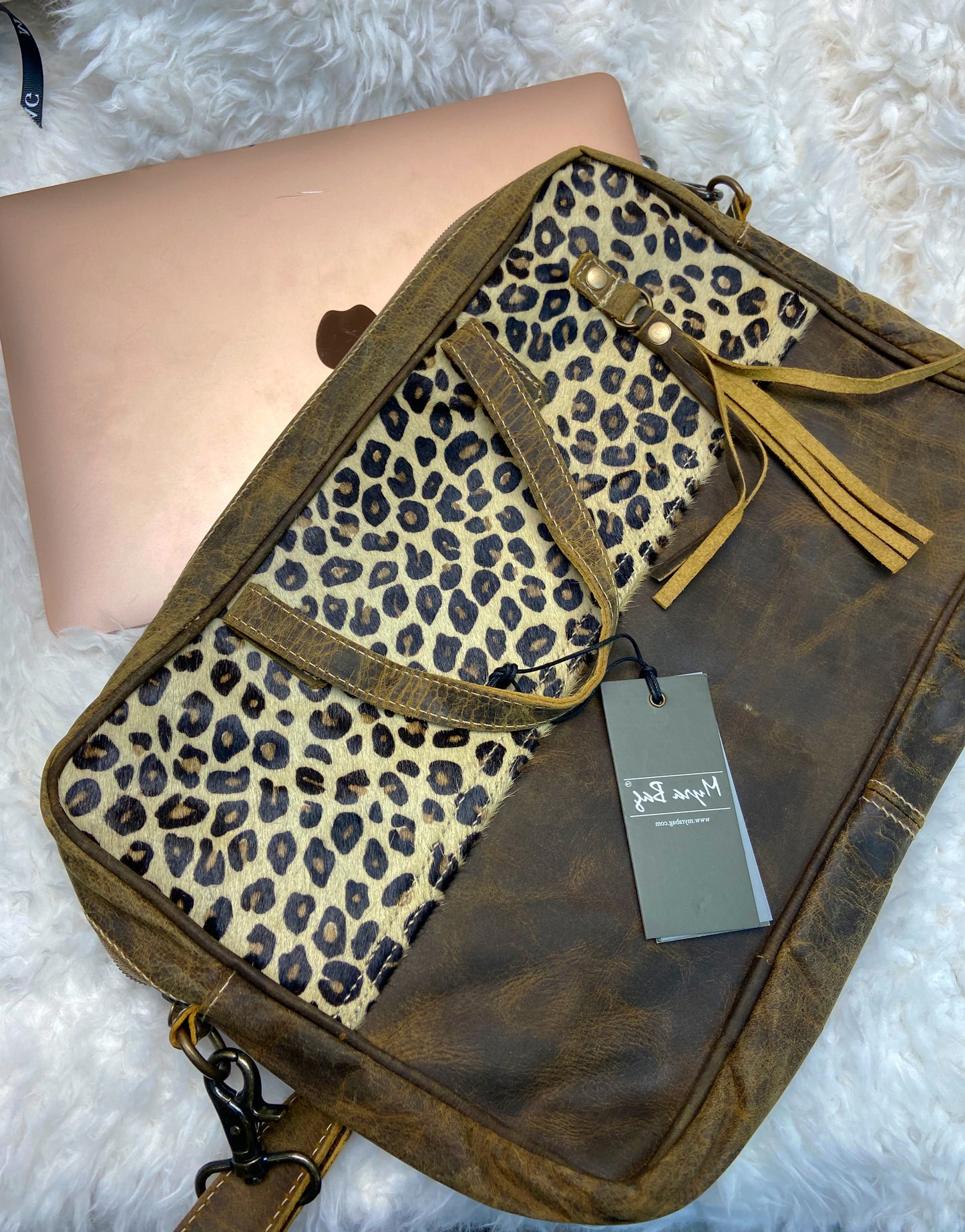 Myra Leopard hide leather computer bag