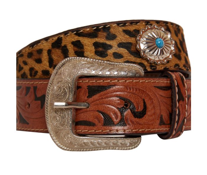 Leopard hand tooled leather turquoise belt